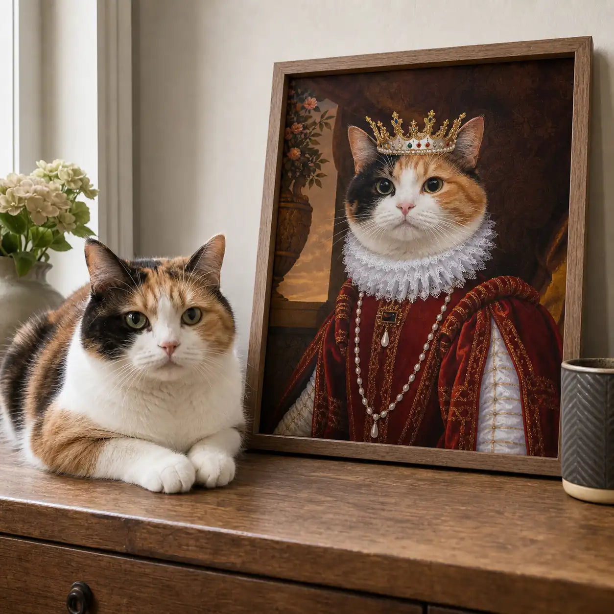 Queen Cat custom pet portrait displayed in a real home beside a matching pet