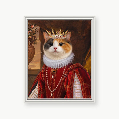 Queen Cat custom pet portrait with premium white polystyrene frame
