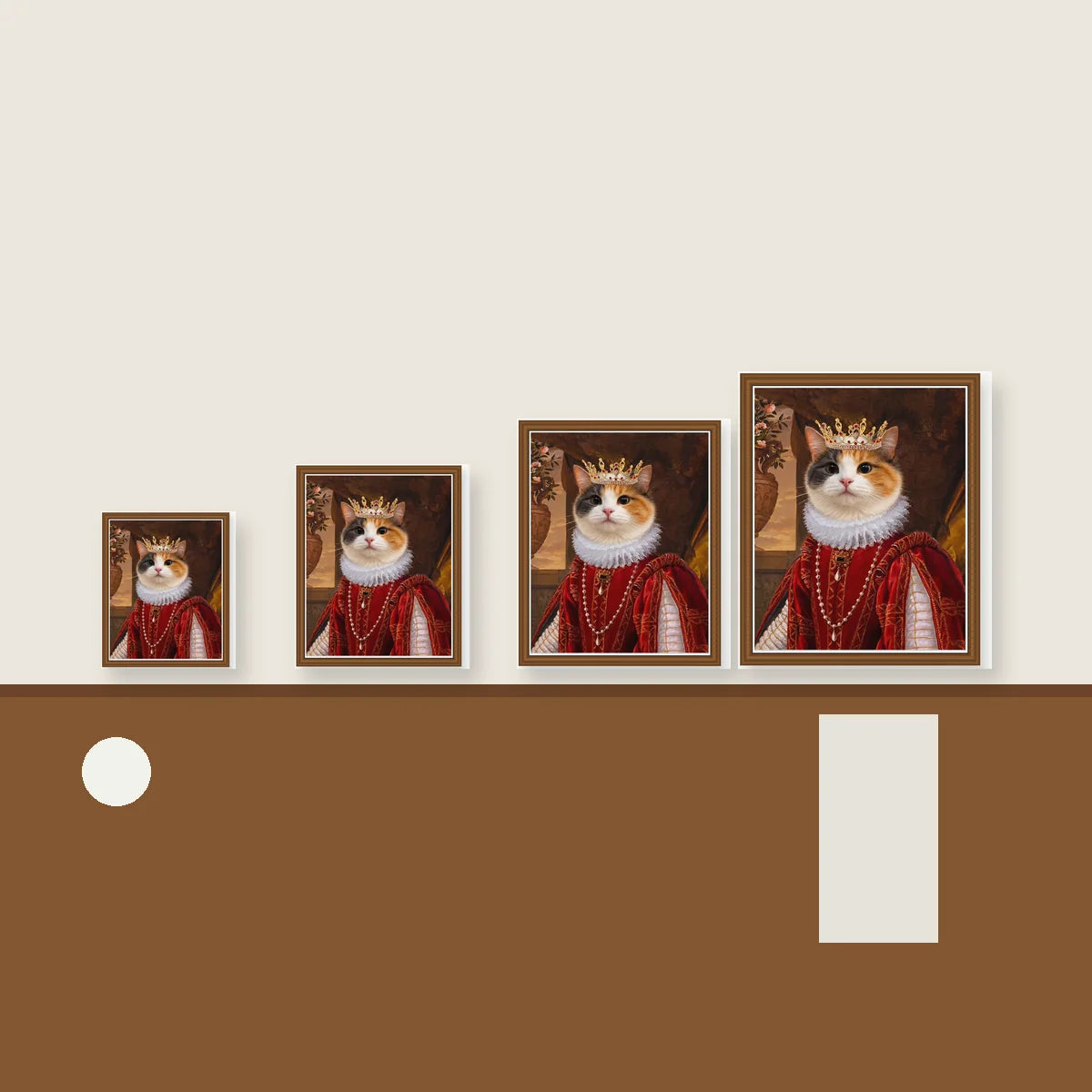 Queen Cat custom pet portrait size reference with four framed canvas sizes