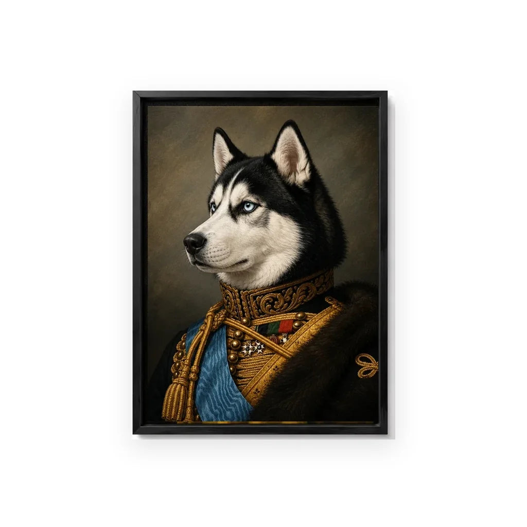 Royal Husky custom pet portrait with classic black polystyrene frame and textured film canvas