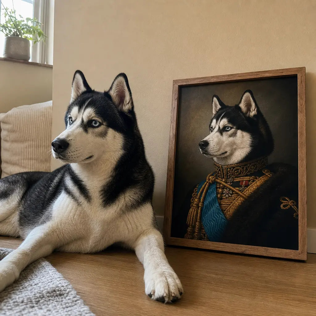 Royal Husky custom pet portrait with a real Husky beside the framed canvas