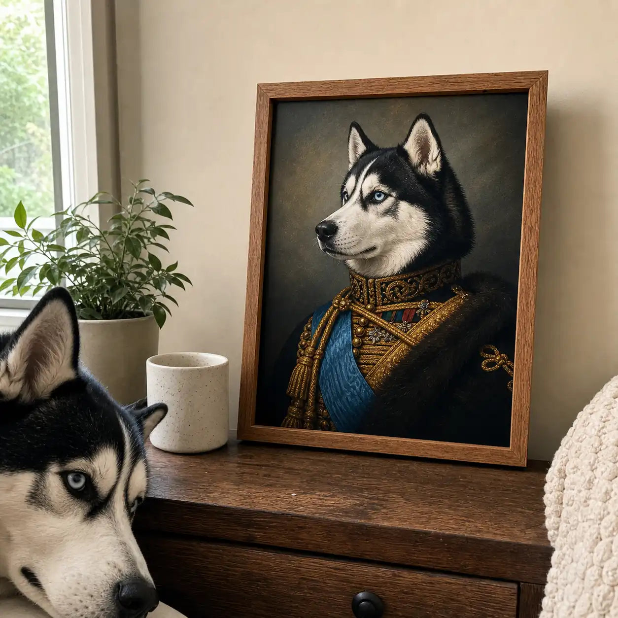 Royal Husky custom pet portrait displayed on a wooden dresser beside a Husky