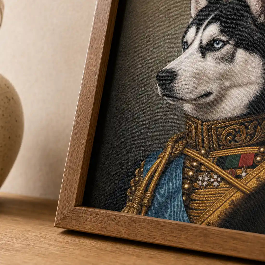 Close-up of Royal Husky textured film canvas and vintage wood polystyrene frame