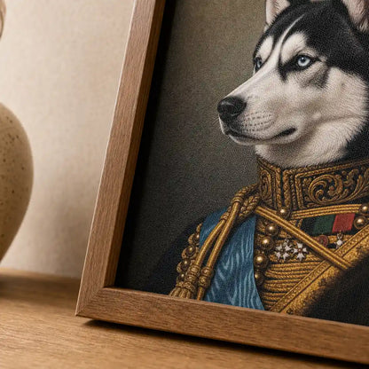 Close-up of Royal Husky textured film canvas and vintage wood polystyrene frame