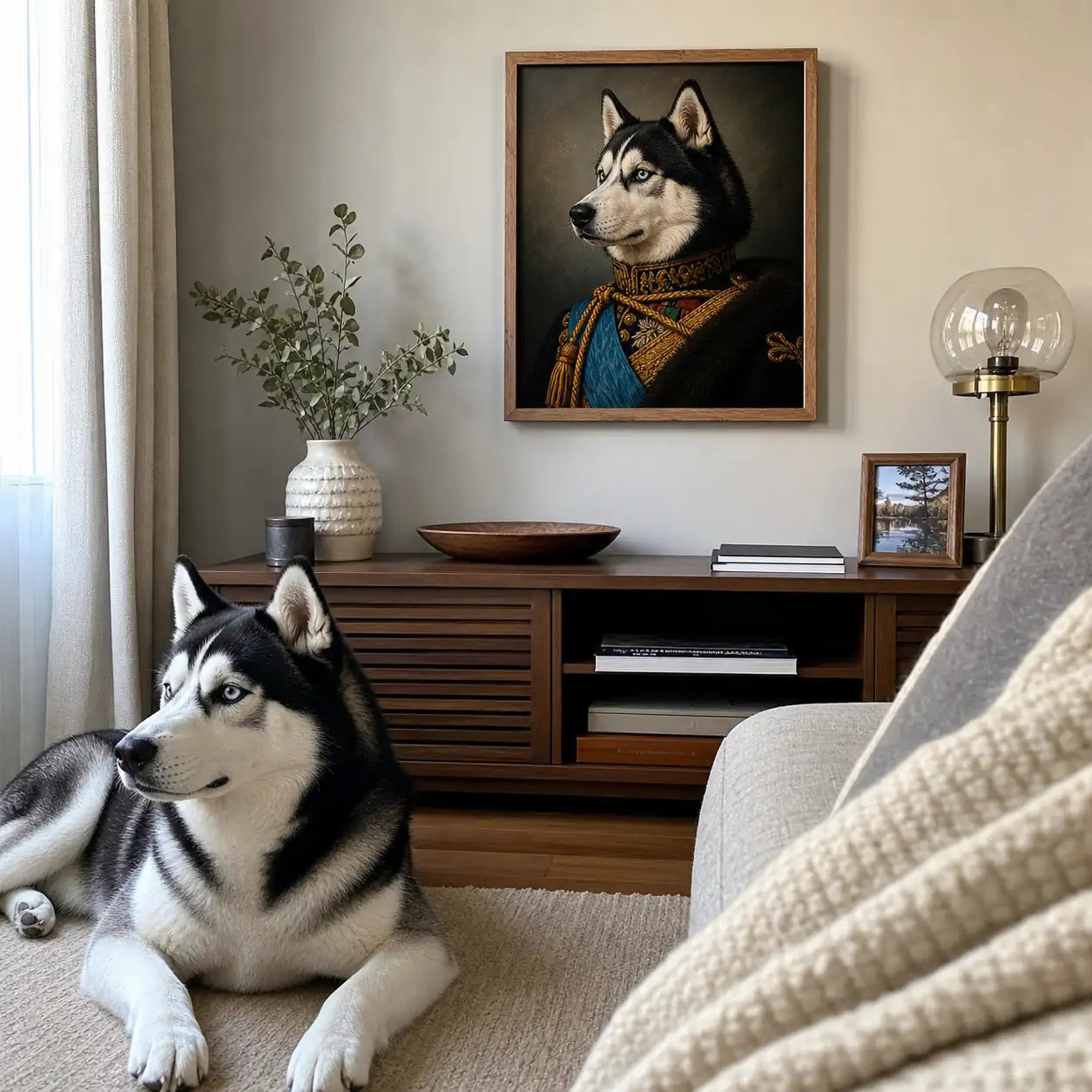 Royal Husky custom framed pet portrait styled in a cozy living room with a Husky