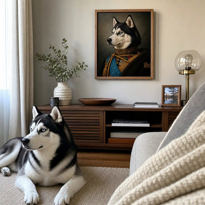 Royal Husky custom framed pet portrait styled in a cozy living room with a Husky