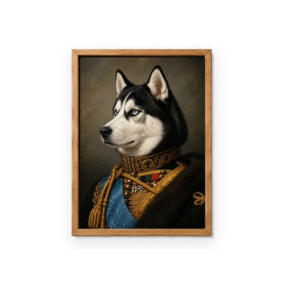 Royal Husky custom pet portrait with vintage wood polystyrene frame and textured film canvas