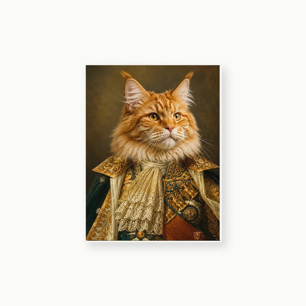 Royal Orange Cat custom pet portrait artwork preview on textured film canvas