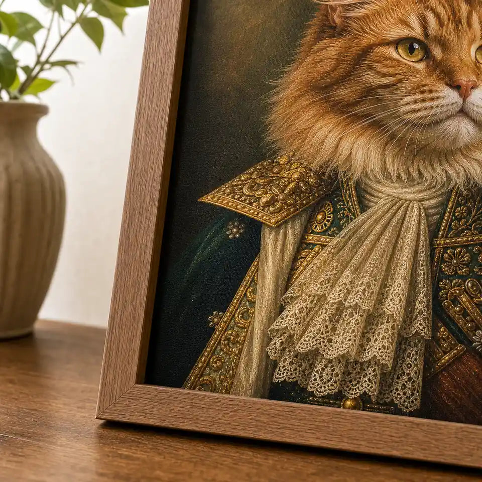Close-up of Royal Orange Cat textured film canvas and wood-tone polystyrene frame