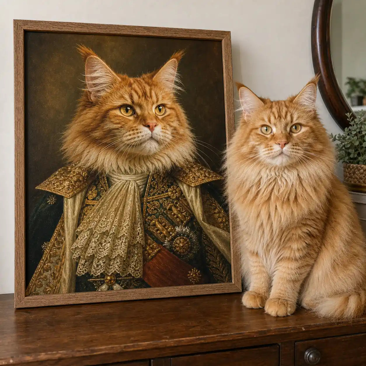 Royal Orange Cat custom pet portrait displayed in a real home beside a matching pet