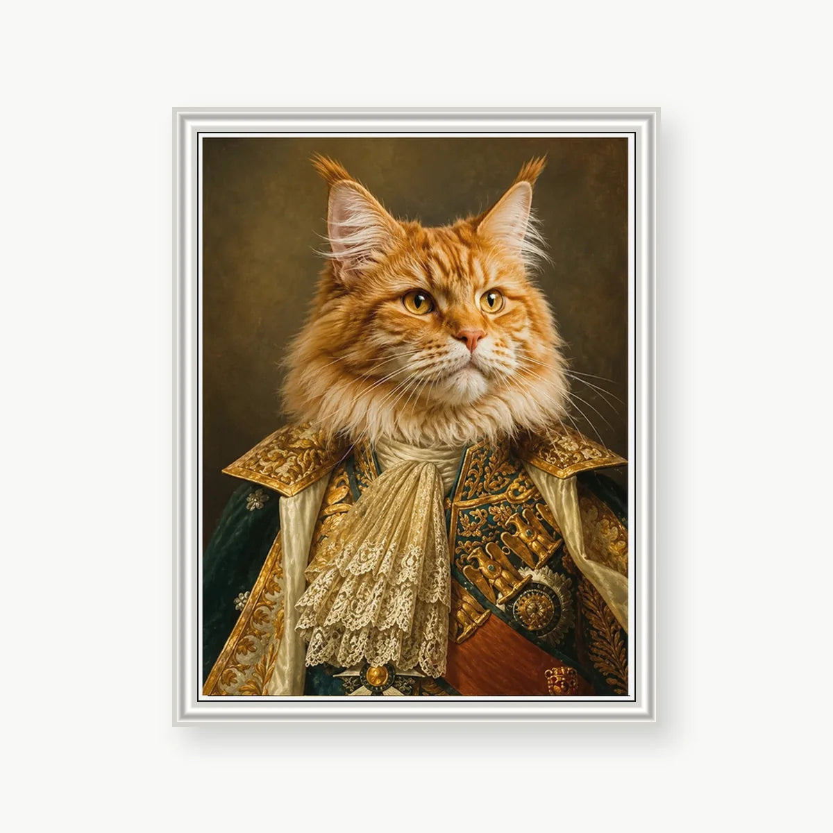 Royal Orange Cat custom pet portrait with premium white polystyrene frame