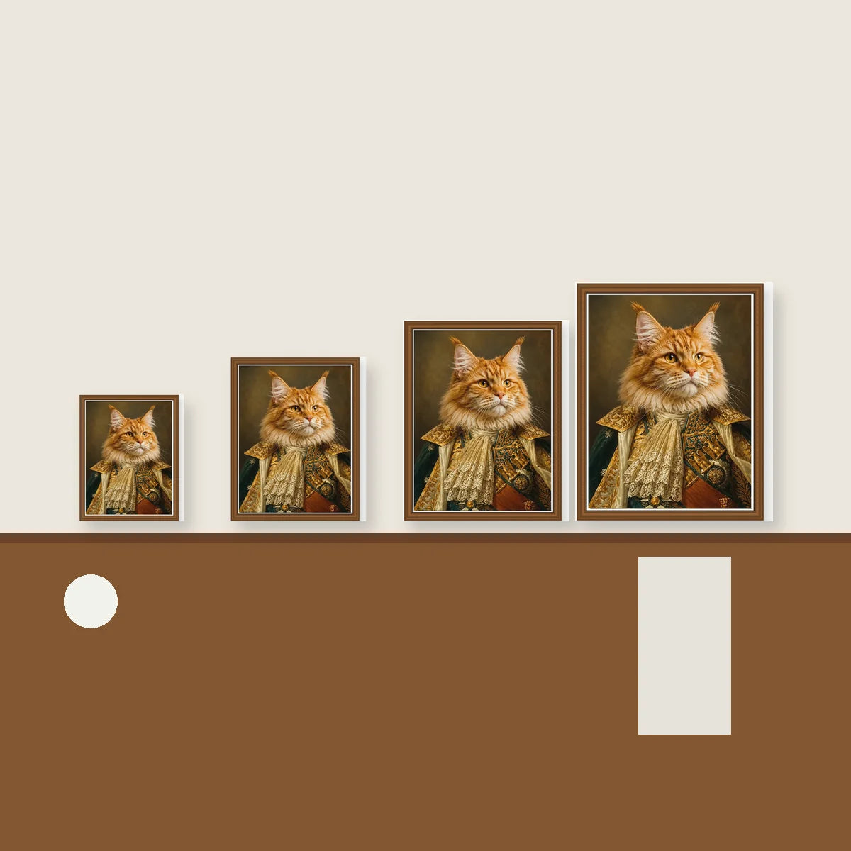 Royal Orange Cat custom pet portrait size reference with four framed canvas sizes