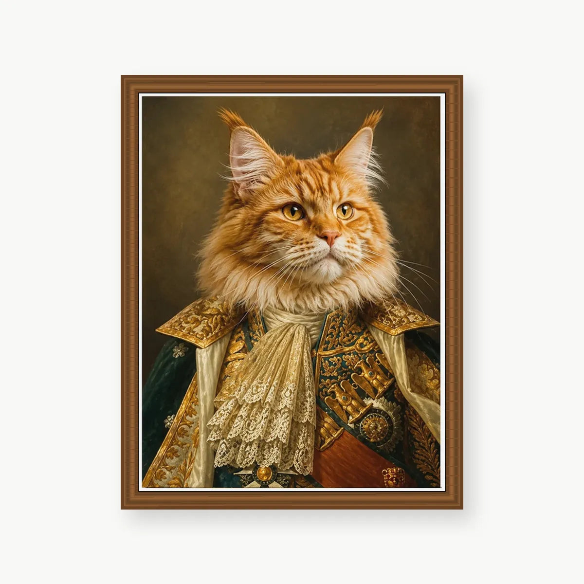 Royal Orange Cat custom pet portrait with vintage wood polystyrene frame