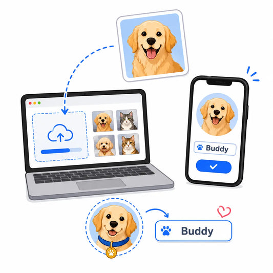 Upload your pet photo and name for a personalized custom pet keychain and accessory creation process.