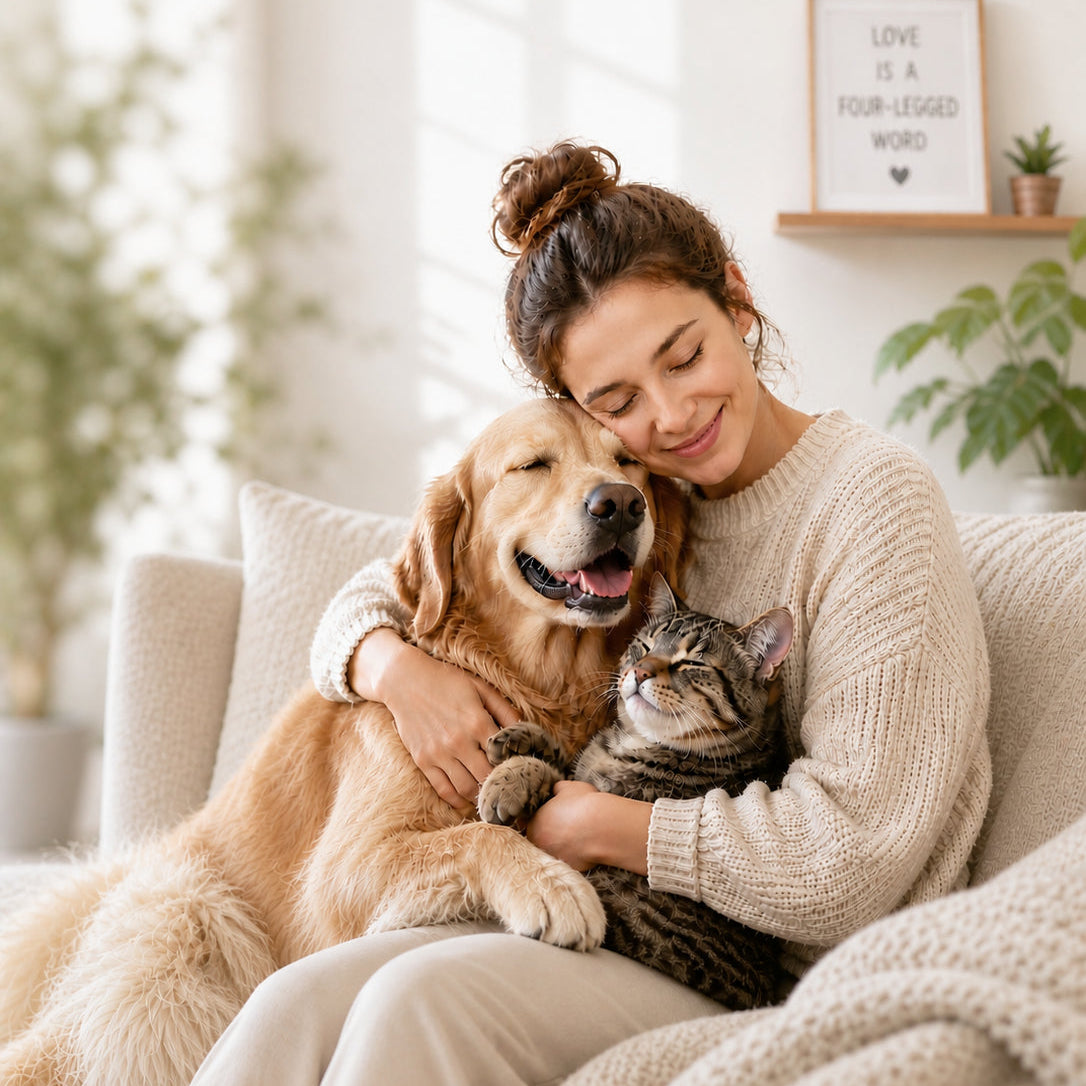 Happy woman hugging a golden retriever dog and tabby cat on a cozy sofa showing love and companionship with pets at home.