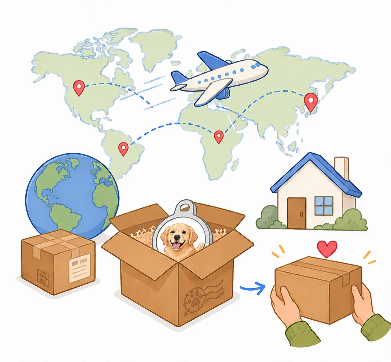Worldwide shipping process for personalized pet gifts and custom pet accessories delivered to your doorstep.