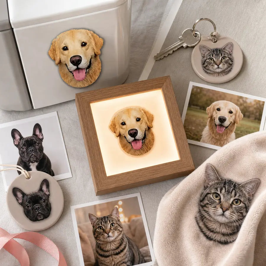 Personalized pet keepsakes displayed with customer pet photos