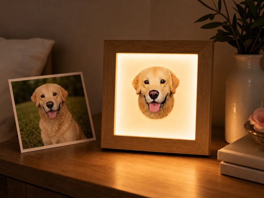 Finished custom pet keepsake beside the original pet photo